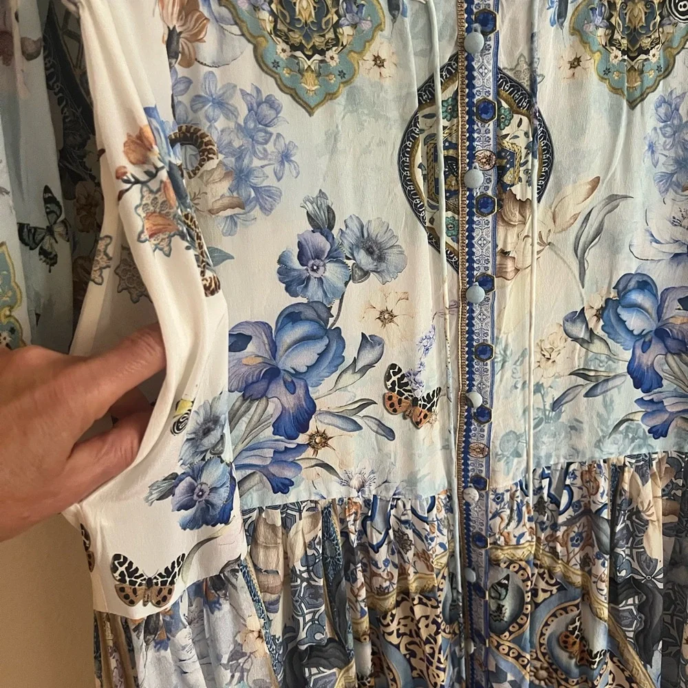 NWT Camilla Floral Silk Tiered Midi Shirtdress Size XS crystals blue - Picture 13 of 15
